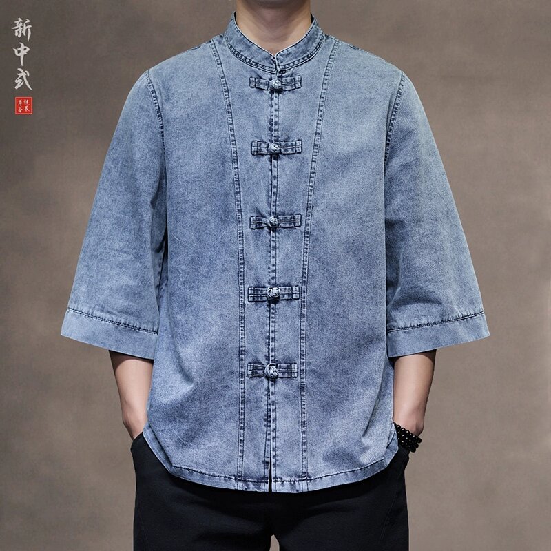 新中式复古盘扣牛仔唐装衬衫国风宽松大码中山装七分袖茶服男上衣