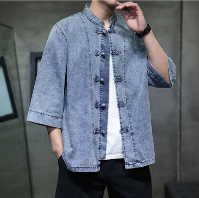 男士复古牛仔短袖衬衫大码中国风盘扣唐装新中式上衣七分袖外套夏