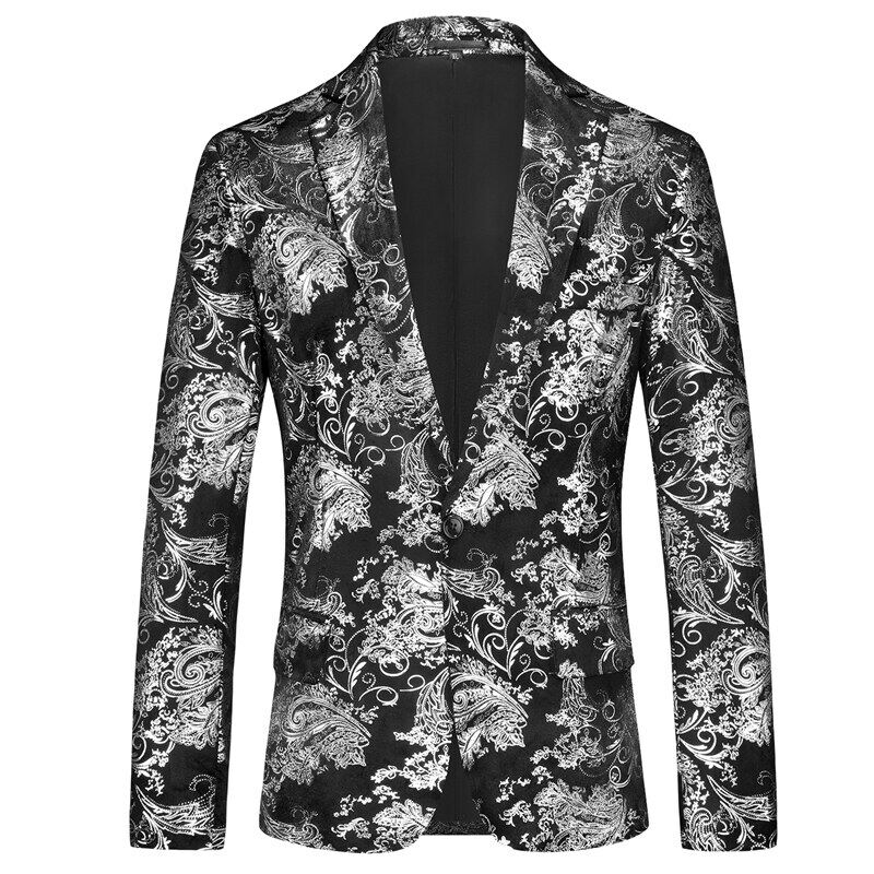 个性经典晚礼服烫金印花小西服潮流银色花纹男士西装休闲外套春季