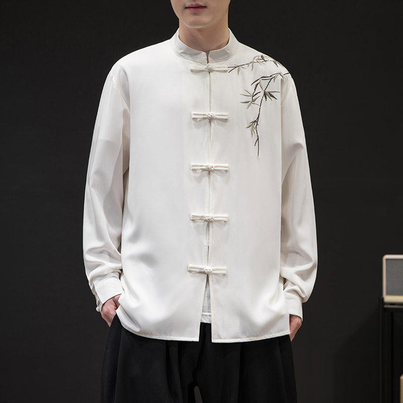 春季新款中国风立领盘扣刺绣休闲长袖衬衫男装新中式复古唐装衬衣