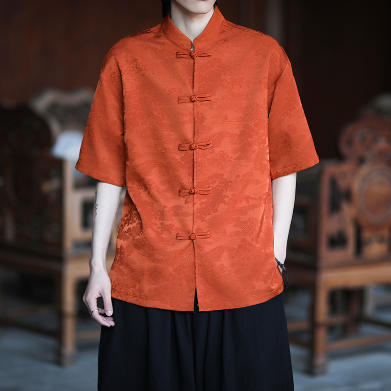 新中式唐装男中国风夏季薄款冰丝提花短袖衬衫复古盘扣大码衬衣男