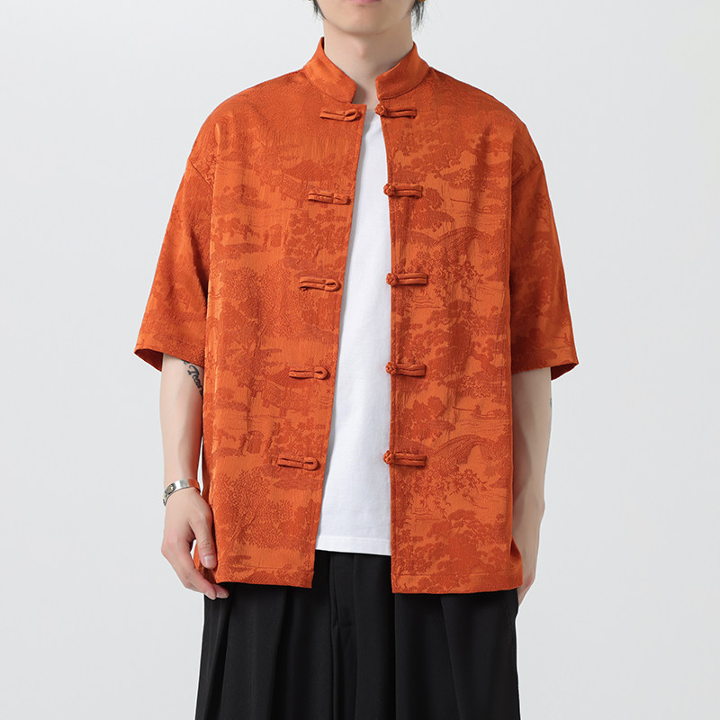复古风汉服中国风男装夏季薄款提花短袖衬衫新中式唐装大码衬衣潮,男装,唐装,淘宝优惠券,粉丝福利购,淘宝优惠卷