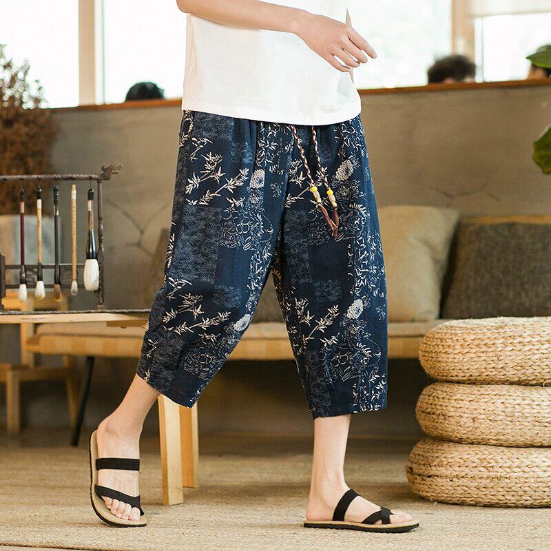 2025夏天薄款中国风大码七分裤亚麻男短裤透气棉麻休闲直筒沙滩裤