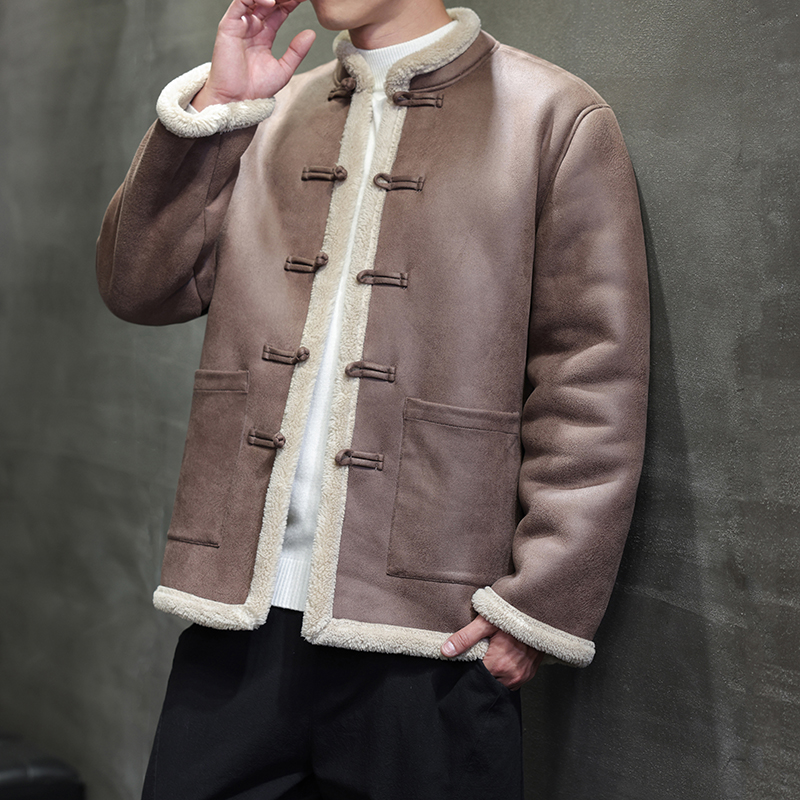 皮毛一体羊羔绒外套男冬季加绒加厚麂皮绒夹克新中式唐装改良汉服