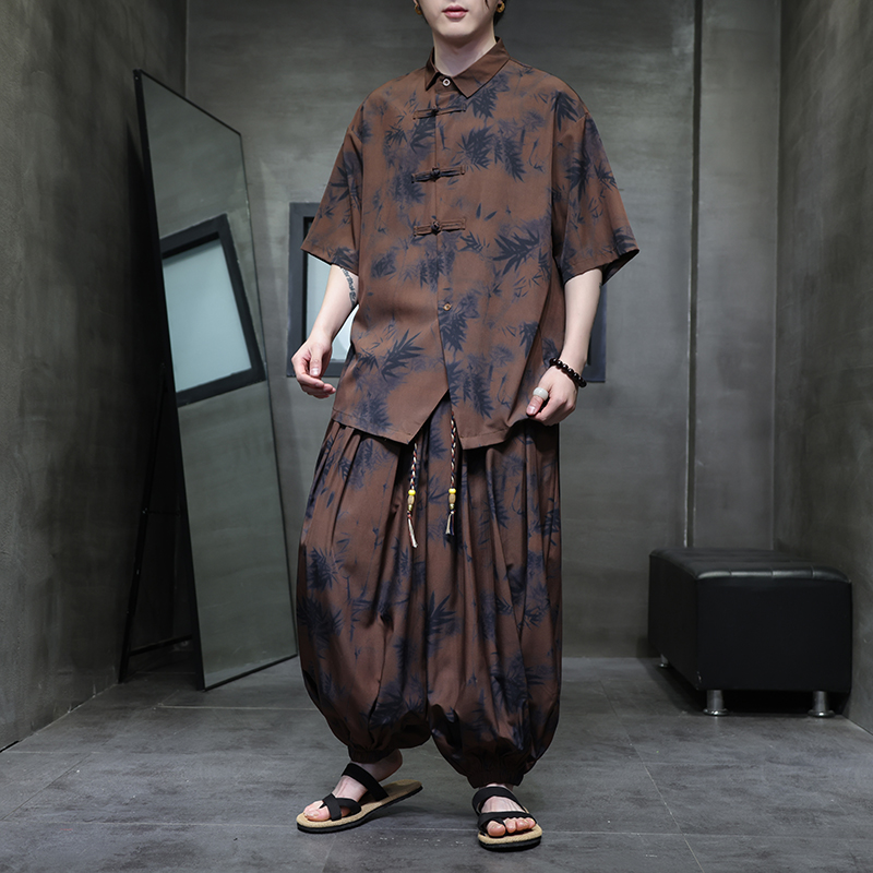 冰丝唐装男夏季薄款新中式男装复古风宽松大码汉服短袖衬衫套装潮
