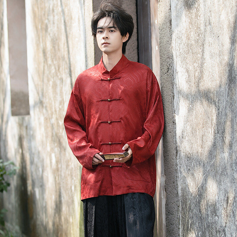 新中式春秋红色表演结婚兄弟团长袖唐装衬衫上衣汉服古装上衣男潮