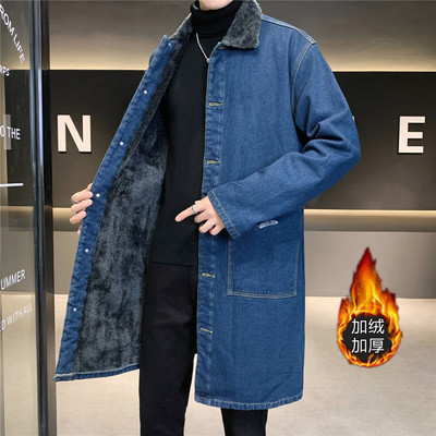风衣男中长款冬季加厚加绒潮流宽松大码羊羔毛翻领牛仔大衣外套男
