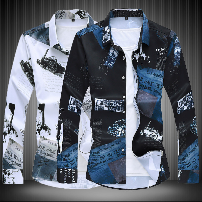 中国风春秋新款男式装长袖花衬衫加大码数码印花青年修身休闲衬衫