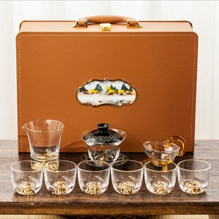 中式轻奢耐热防烫水晶玻璃礼盒装金山金箔三才盖碗珐琅彩家用高档