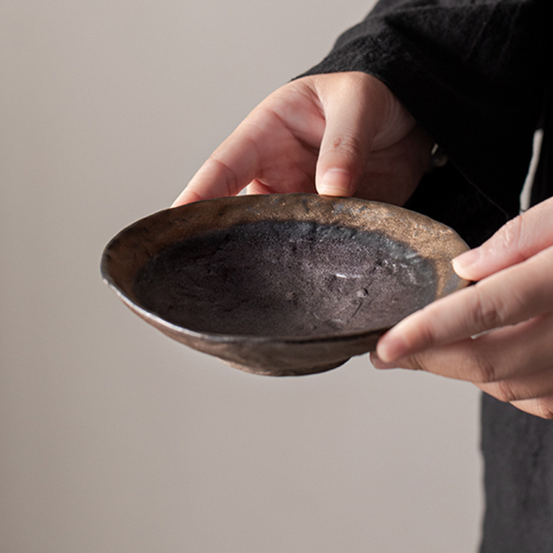 禅意老岩泥手工鎏金粗陶壶承茶盘家用复古茶壶托盘茶托隔热杯垫