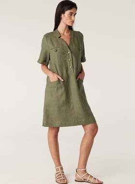 $300+澳在售CABLE进口加厚亚麻V领多口袋休闲宽松军绿色连衣裙