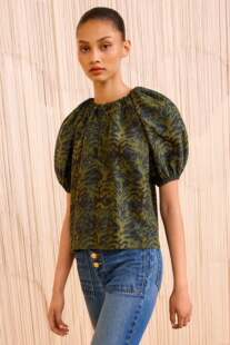 走秀款Ull@ Johnson 25早秋Talie 泡泡袖塔夫绸印花衬衫 阔腿裤