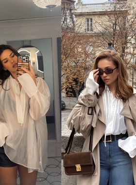 超模自有品牌HELS@莱赛尔性感个性透大V领系带长袖衬衫