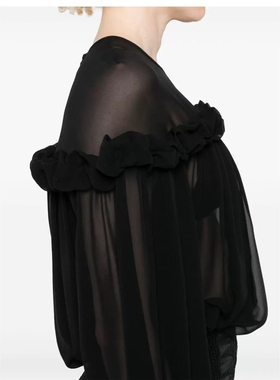 尾ULL@黑色真丝立体花工艺长袖微透气质时尚上衣 木耳边短袖衬衫