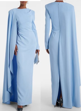 澳小众设计师款R～G蓝色大披肩重磅长袖礼服连衣裙