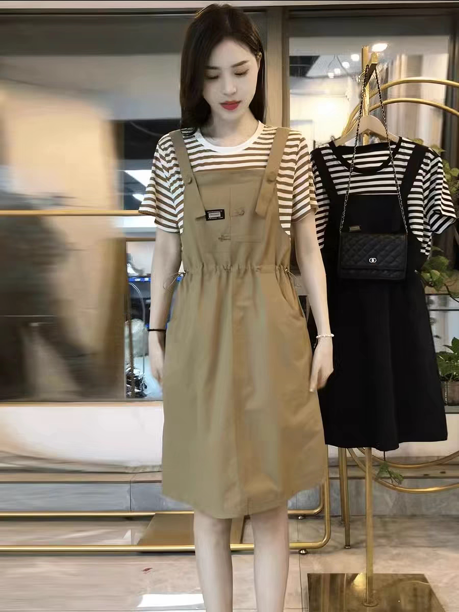 假两件背带裙女夏季薄款新款显瘦小个子条纹短袖t恤连衣裙子
