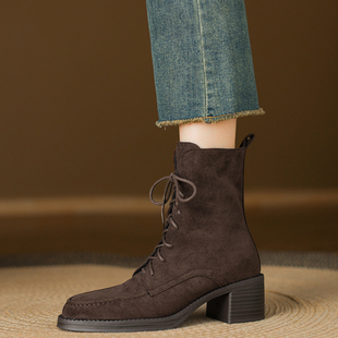 秋冬季新款法式磨砂复古系带高跟粗跟短靴单靴加绒马丁靴33--43码