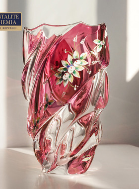 夏季新品捷克进口BOHEMIA水晶玻璃花瓶手工珐琅红色花瓶时尚彩绘
