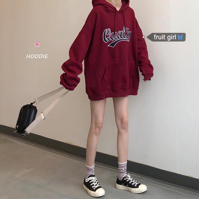 3299卫衣女秋冬2025新款韩版潮酒红色连帽衫宽松加绒加厚外套上衣