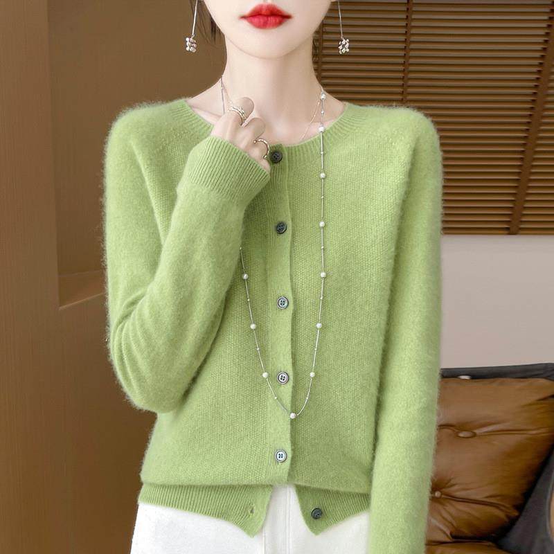 一线成衣桂花针圆领针织纯羊毛开衫女2025秋冬新款纯色毛衣外套