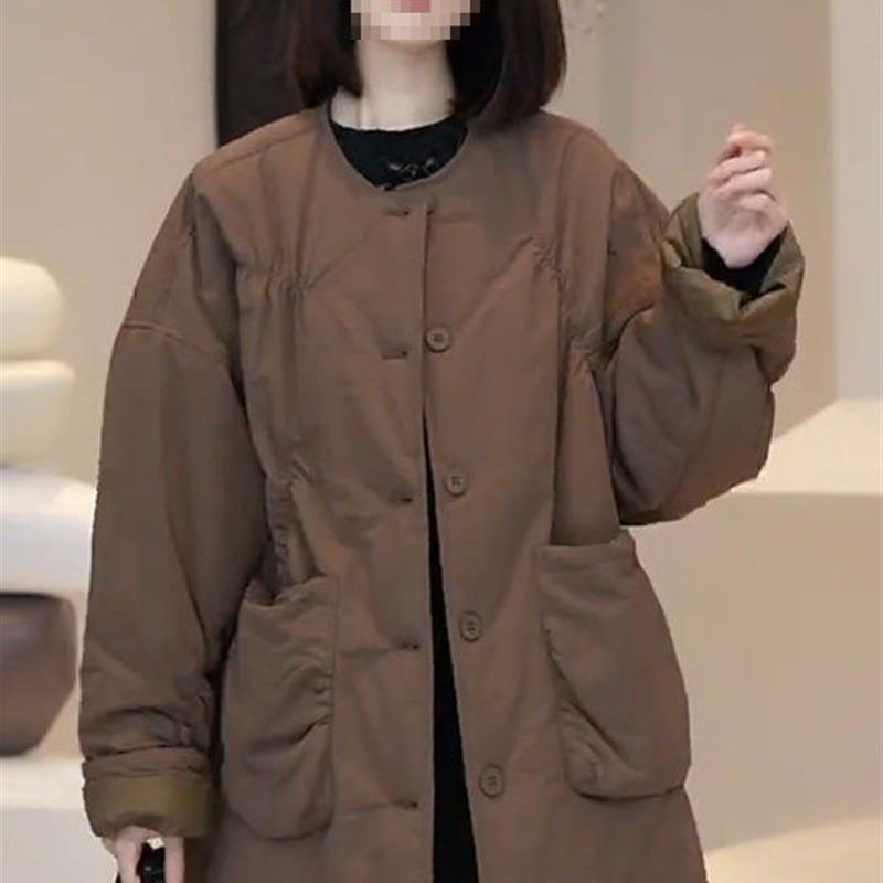 秋冬季复古洋气中长款加厚保暖棉衣女休闲百搭大口袋褶皱显瘦外套