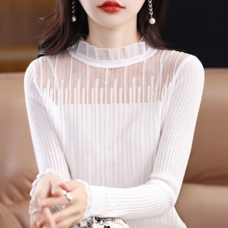 蕾丝打底衫法式别致洋气小上衣女士内搭半高领毛衣长袖新针织衫