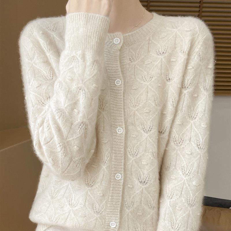 2025新款春秋外套100羊毛开衫女士洋气外搭镂空毛衣圆领短外套