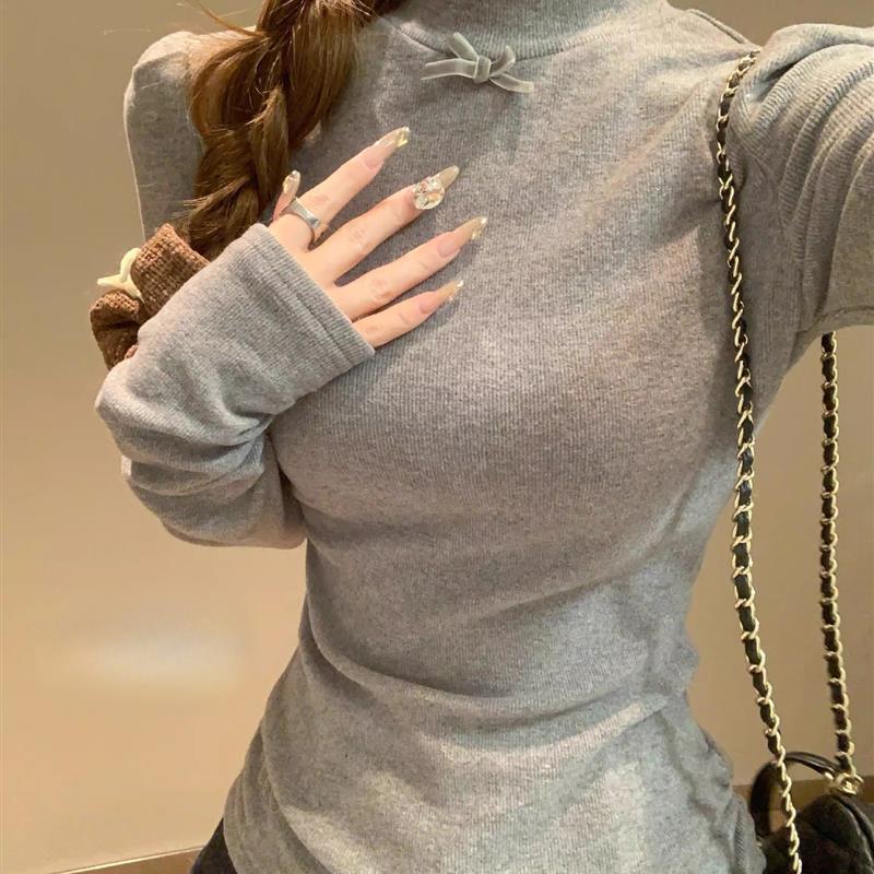 德绒内搭打底衫女装秋冬季2025新款修身长袖白色t恤女小立领上衣