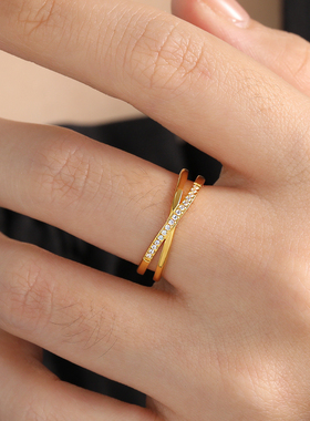 钛钢戒指 不掉色欧美冷淡风双层交叉重工微镶错位X食指戒JZ023