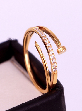 钛钢戒指 不掉色镂空双层微镶钻钉子戒指时尚气质带钻食指戒JZ039