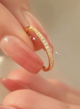 钛钢戒指 半圈钻戒指细排钻小众设计轻奢高级感食指戒JZ075