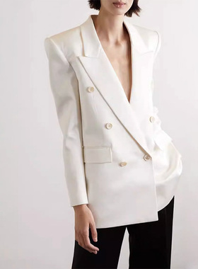 Facade pattern西装外套女新款设计师极简双排扣丝缎垫肩上衣