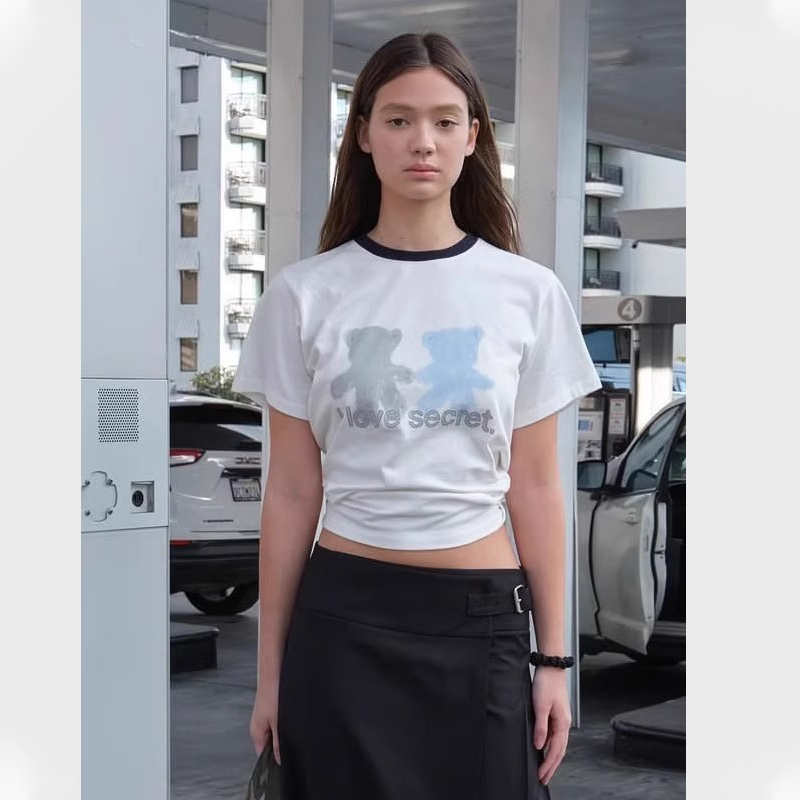 小熊短袖T恤女撞色印花上衣
