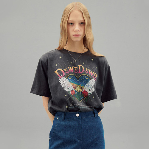 短袖T恤女休闲翅膀印花套头上衣