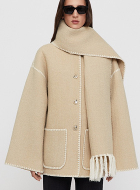 Facade pattern羊毛大衣女冬季款流苏围巾刺绣钩边混纺外套上衣