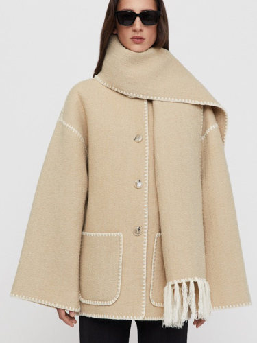 休闲风短款羊毛撞色外套