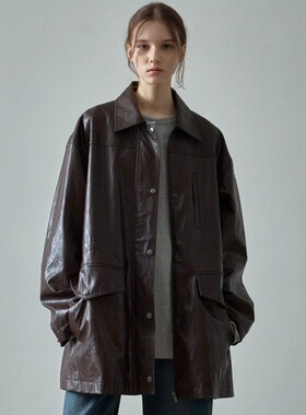 facade pattern皮衣外套女蒋欣同款新款设计师款抽绳中长款夹克