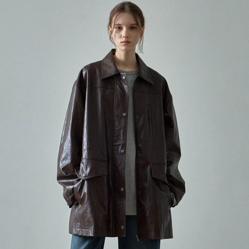 皮衣外套女抽绳中长款夹克