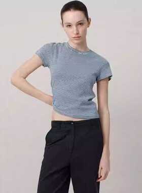 Facade pattern短袖T恤女夏季新款韩国设计师小众圆领条纹上衣