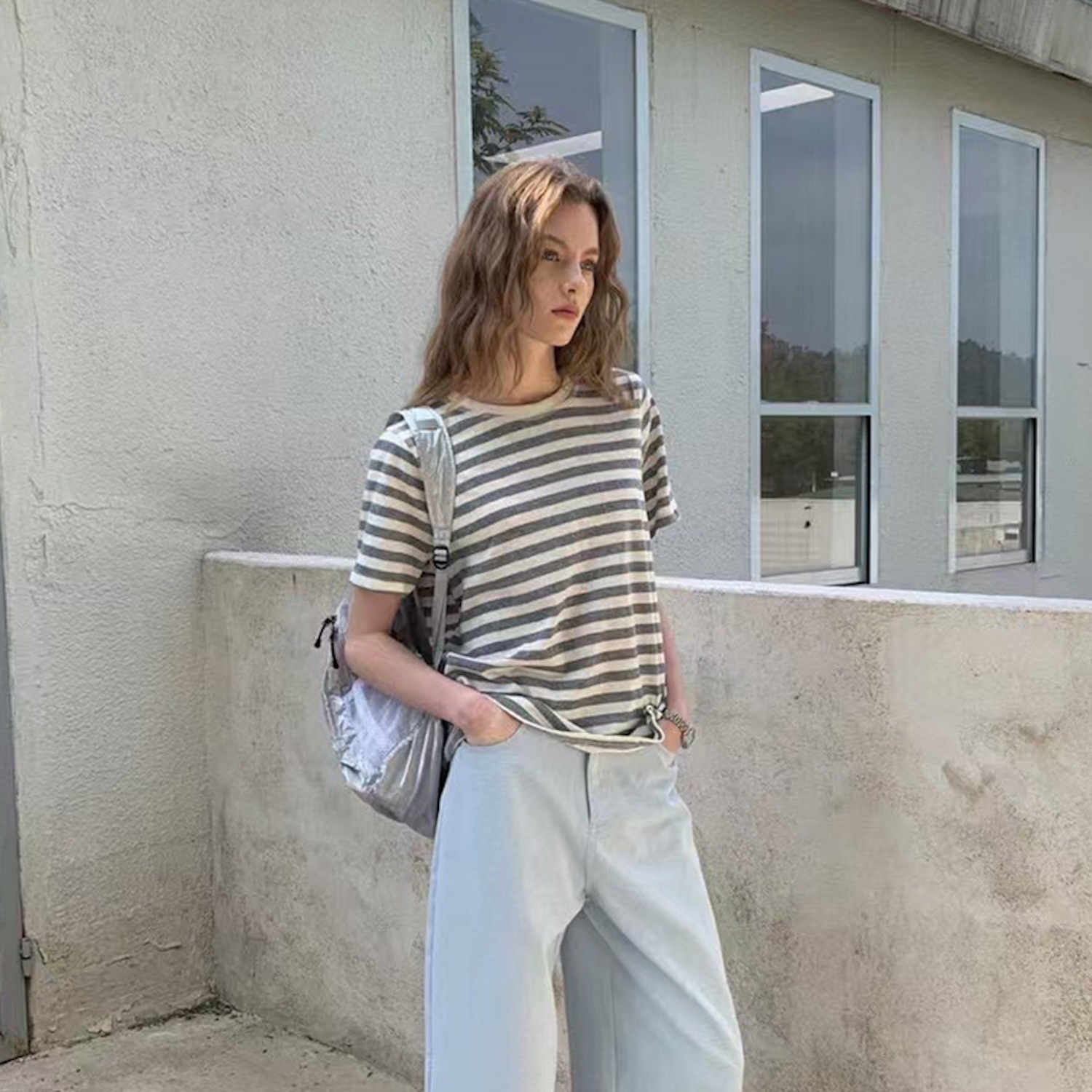 亚麻条纹T恤女透气棉质圆领短袖