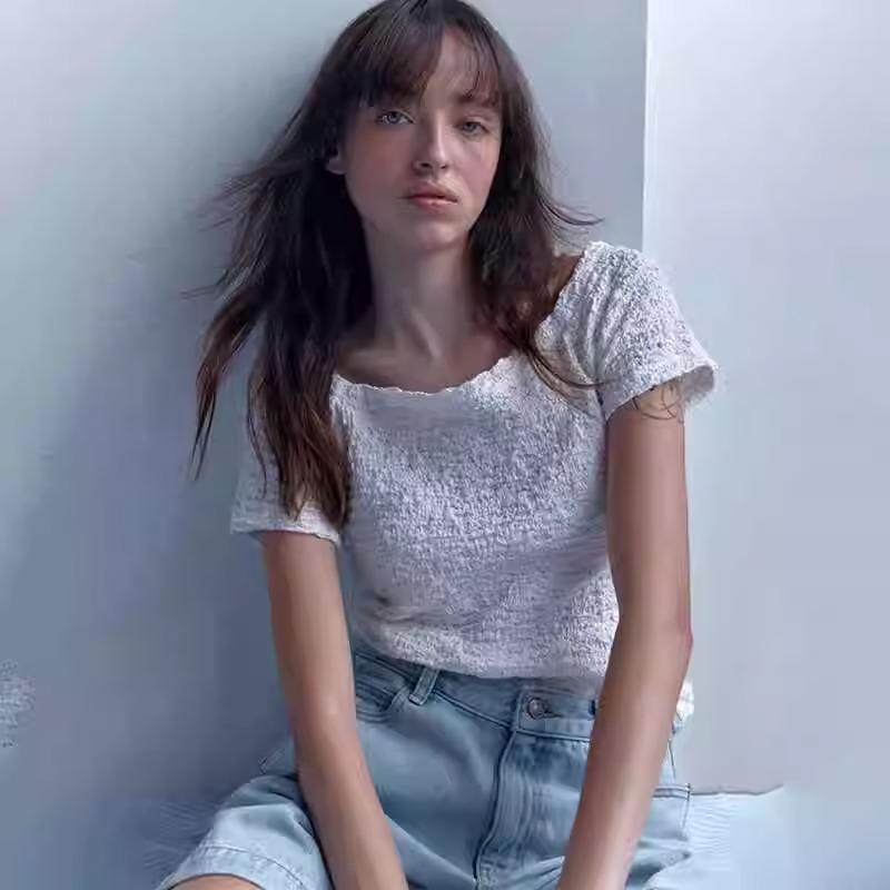 一字领T恤女褶皱收腰显瘦露肩