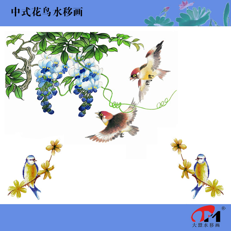 1437.2中式花鸟画水移画双喜临门家具橱柜茶几玻璃台面翻新装饰贴