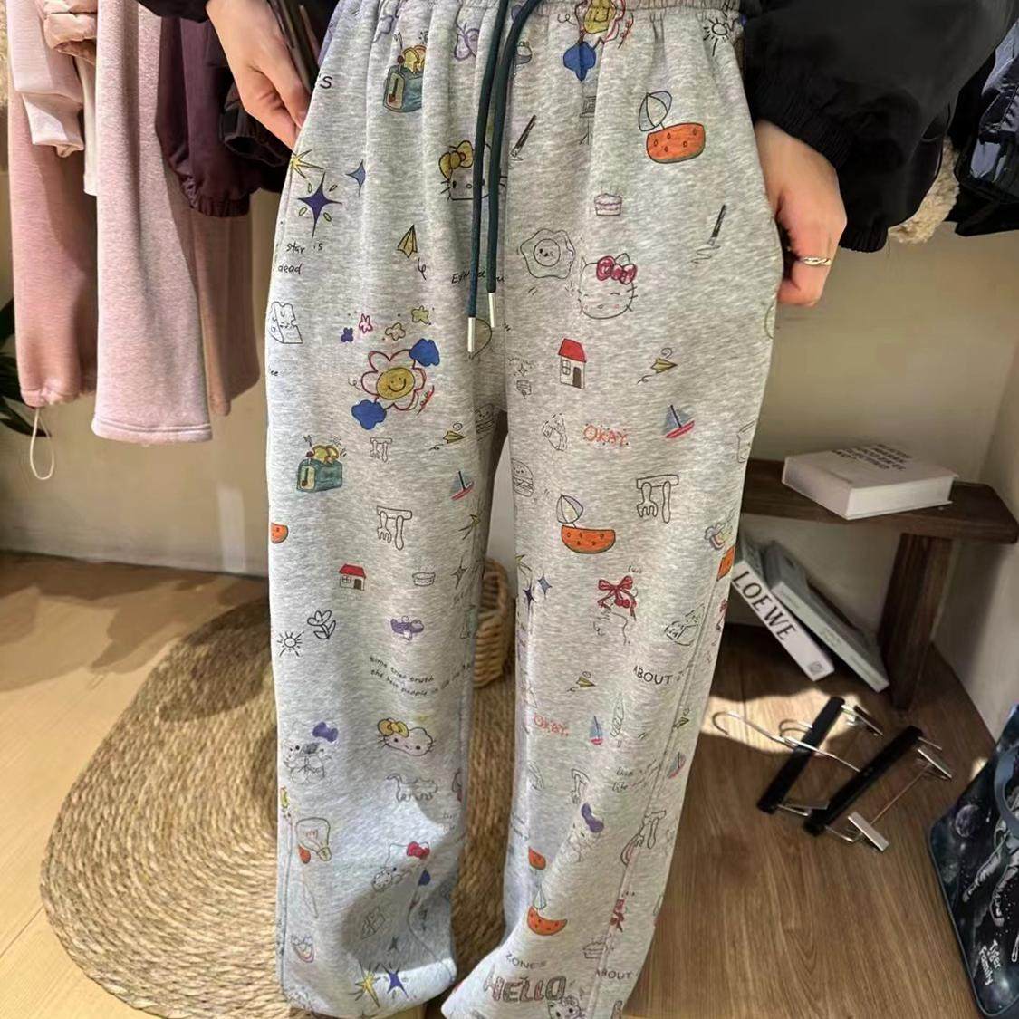 韩国设计感卡通印花加绒加厚卫裤女秋冬款时尚减龄休闲百搭直筒裤