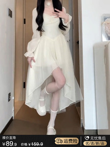 温柔风茶歇法式气质白色连衣裙子女早春季2024年新款仙女初恋长裙