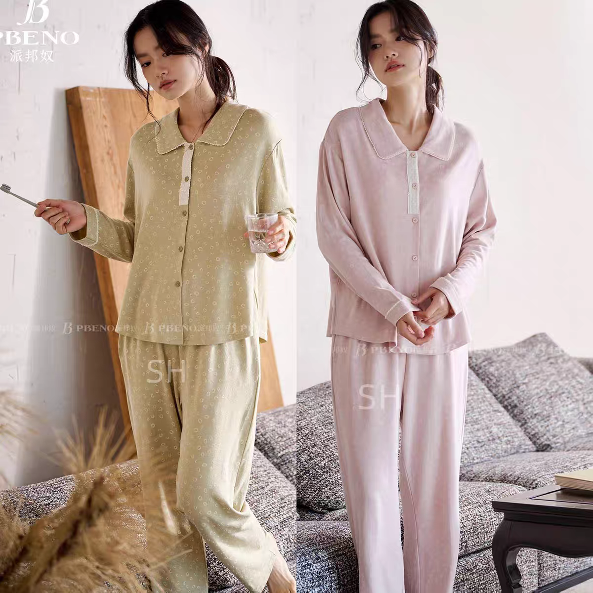 派邦奴正品翻领开衫秋冬女土棉提花长袖简约大方大码家居服睡衣