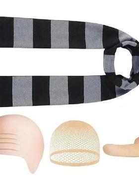 R7UD Bald Hat Set for Man Adults Black Gray Striped Scarf