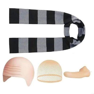 R7UD Bald Hat Set for Man Adults Black Gray Striped Scarf