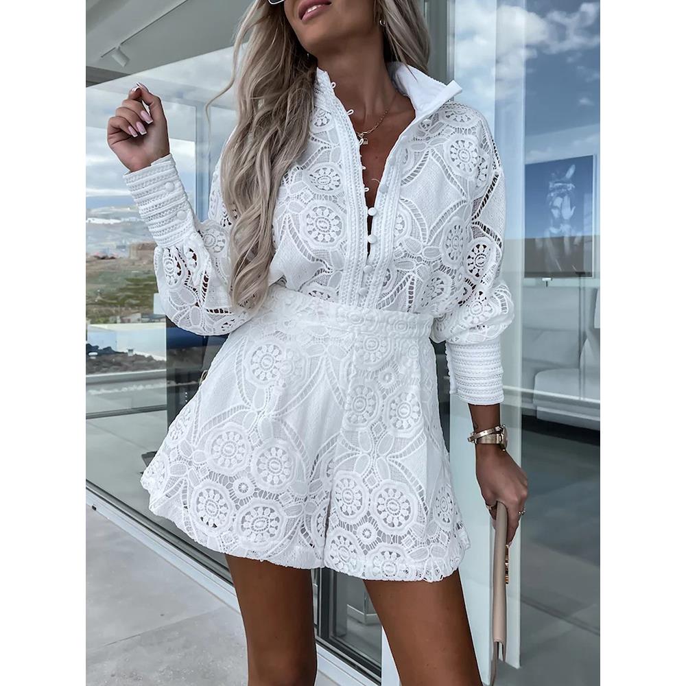 Lace Shorts Sets Women Casual Hollow Out Suit Female Stand C
