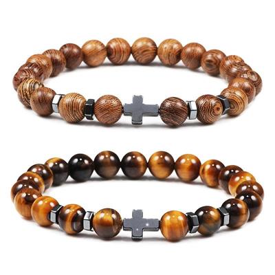 Prayer Men Natural Stone Wood Beads Rosary Hematite Cross Br