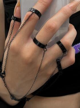 Chain ring couple rings蹦迪炼条组合戒指朋克开 口食指戒情侣款